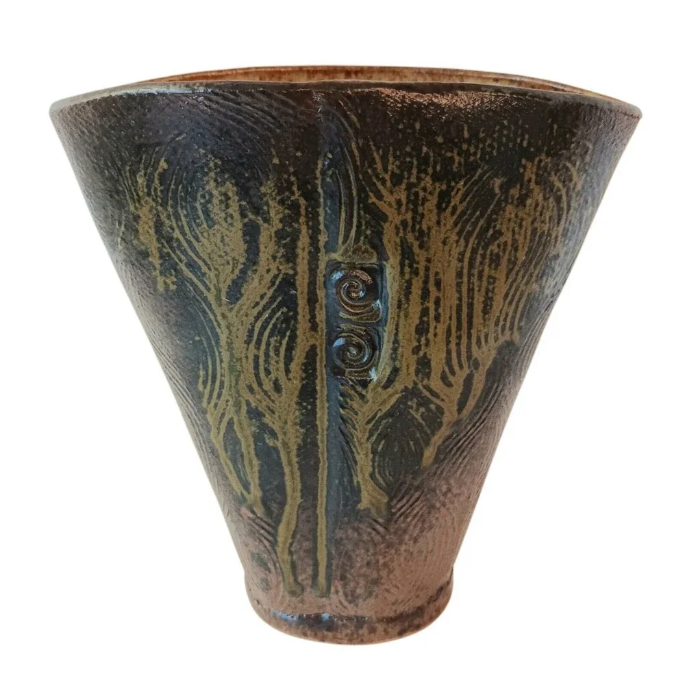 Cynthia Spencer Pottery Vase Brown Rust Mustard Colors Fan Shape 6.5